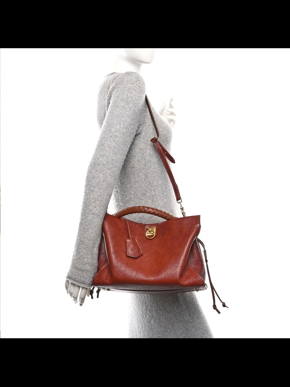 Mulberry Brown Leather Braided-Handle Satchel with Gold Hardware - Picture 13 of 16